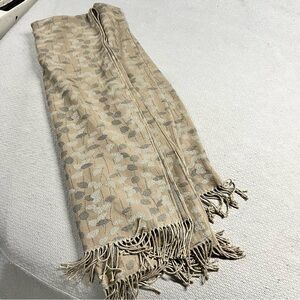 Vintage Baker Lambswool Tan Taupe Leaf Print Fringe Throw Blanket EUC